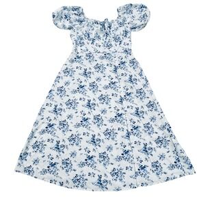 Girls Blue White Floral Midi Dress 11-12Y Puff Sleeve Cottagecore Prairie Summer